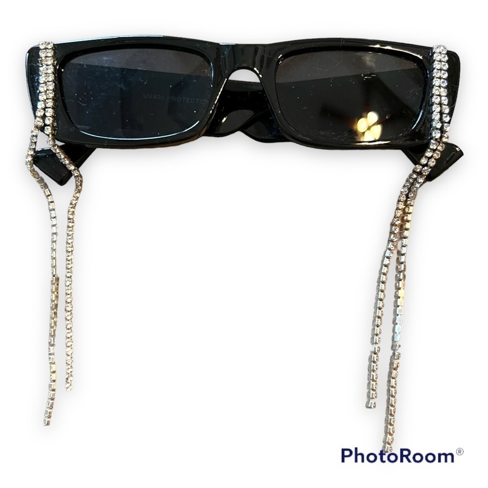 Mod Sunglasses Rectangle Black Rhinestone Chain - Picture 3 of 4